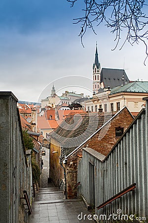 Mysterious narrow alley with lanterns in Prague at night Stock Photo