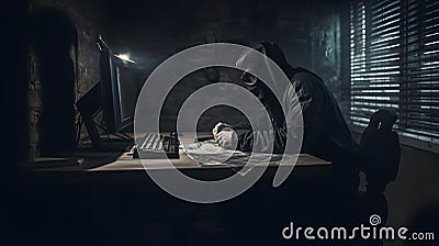 mysterious ninja working with computer in a basement, neural network generated art Stock Photo