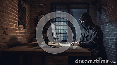 mysterious ninja working with computer in a basement, neural network generated art Stock Photo