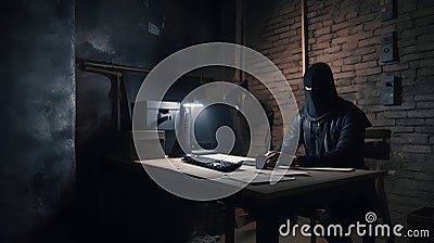 mysterious ninja working with laptop in a basement, neural network generated art Stock Photo