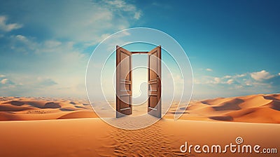 Mysterious Opened Door Standing Alone in the Desert. Generative ai Cartoon Illustration