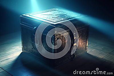 Mysterious pandora box opening with rays of light, high contrast image, ( 3d rendering, illustration ). Generative AI Cartoon Illustration