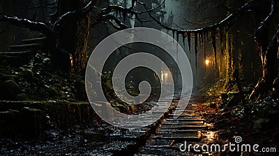 Mysterious pathway. Footpath in the beautiful, foggy, autumn, mysterious forest tree. generative ai Stock Photo