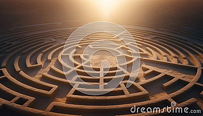 Mysterious pathways on exploring the ancient abstract labyrinth etched on the ground with enigma Stock Photo