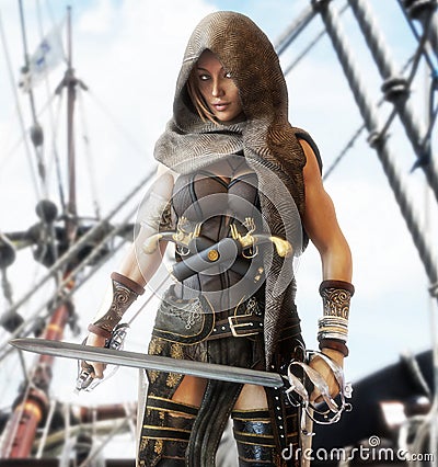 Mysterious pirate female standing on the deck of a ship with duel cutlasses in hand. Stock Photo