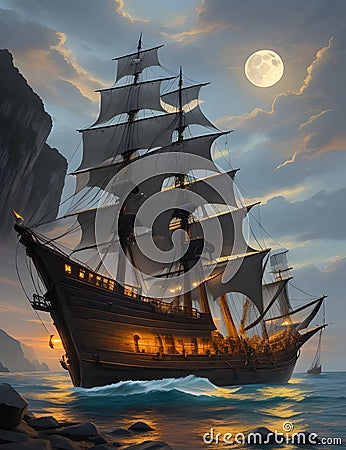 A mysterious pirate ship sailing in a gentle waves, on a stunning sea, with the moonlit, night scene, big rocks, fantasy Stock Photo