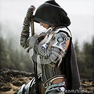 Mysterious Ranger warrior female wearing a hooded cape and light armor reflecting on her journey. Stock Photo