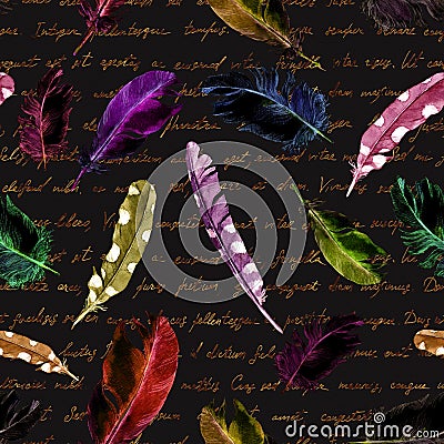 Mysterious repeating pattern - black cats, feathers and old handwritten text. Halloween watercolor Stock Photo