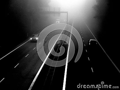 Mysterious road witch car, black and white Stock Photo