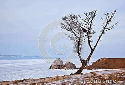 Mysterious rock Shamanka of Olkhon Island on Lake Baikal Stock Photo