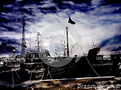 Mysterious scenery of derelict vessels Stock Photo