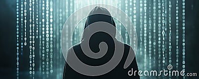 A mysterious silhouette of a hooded man against a backdrop of falling binary code Stock Photo