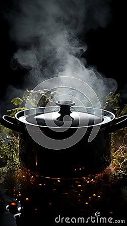Mysterious simmer Steam rises from a pot in a dark logo Stock Photo