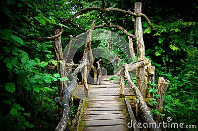 Mysterious spooky boardwalk forest entrance Stock Photo