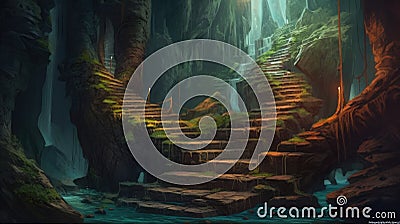 Mysterious Stone Cave Stairs Leading to Fabled Depths. Fantasy Background Illustration for Posters and Web. Stock Photo