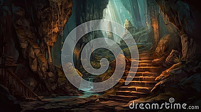 Mysterious Stone Cave Stairs Leading to Fabled Depths. Fantasy Background Illustration for Posters and Web. Stock Photo