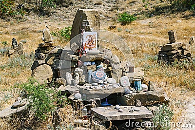 Mysterious stones at Cape Meganom, the east coast of the peninsula of Crimea. Signs of religion concept. Stock Photo