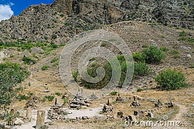 Mysterious stones at Cape Meganom, the east coast of the peninsula of Crimea. Signs of religion concept. Stock Photo