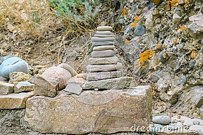 Mysterious stones at Cape Meganom, the east coast of the peninsula of Crimea. Signs of religion concept. Stock Photo