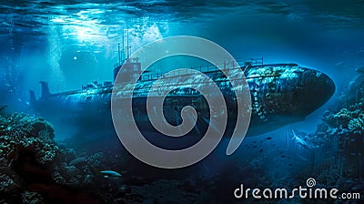 Mysterious sunken submarine in underwater seascape Stock Photo