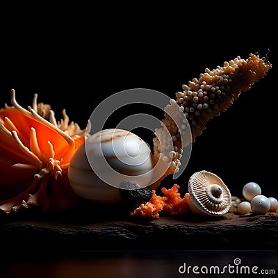 Mysterious Underwater Charms: Dried Starfish and Corals Unveiling their Beauty on a Black Canvas Stock Photo