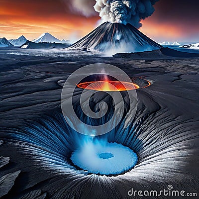mysterious unknown icy planet with epic vulcanic eruption with smoke fire and highlights Cartoon Illustration