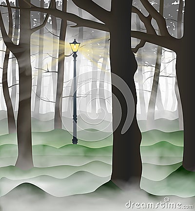 Mysterious urban park with a lot of tree trunks inside the clouds of grey and white fog. Lamp post shining up road Vector Illustration