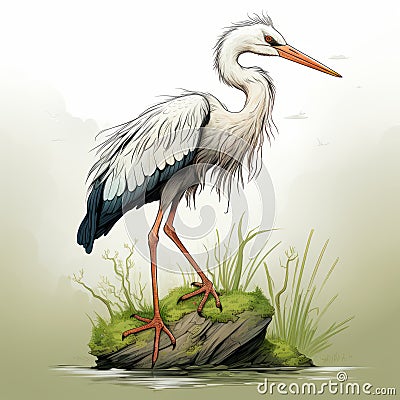 Mysterious White Heron Standing On Rocks - Detailed Character Design Cartoon Illustration