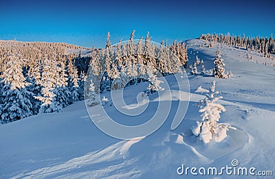 Mysterious winter landscape majestic mountains in . In anticipation of the holiday. Dramatic wintry scene. Happy New Stock Photo