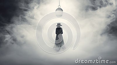 Mysterious Witch In Suspended Monochromatic Fog Stock Photo