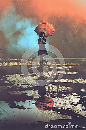 Mysterious woman holds umbrella standing in a puddle Cartoon Illustration