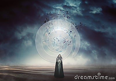 Mysterious woman in a magical and strange land Stock Photo