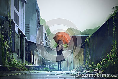 Mysterious woman with orange umbrella Cartoon Illustration