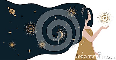 Mysterious woman Vector Space illustration. Flat style Female Vector Illustration