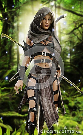 Mysterious wood elf warrior in a mystical forest setting. Stock Photo