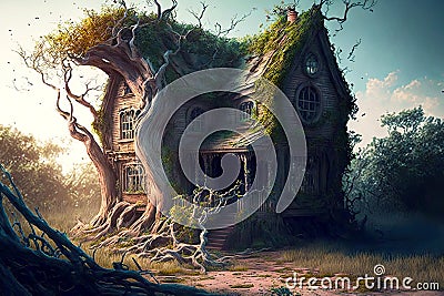 mysterious wooden abandoned house overgrown with crooked trees and bushes Stock Photo