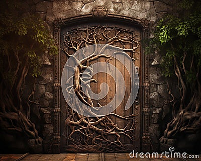 Mysterious wooden door with patterns. Cartoon Illustration