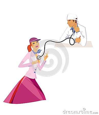 Mysterious young woman in a pink suit at a doctor`s reception. The doctor listens to the patient with a phonendoscope. Isolated Stock Photo
