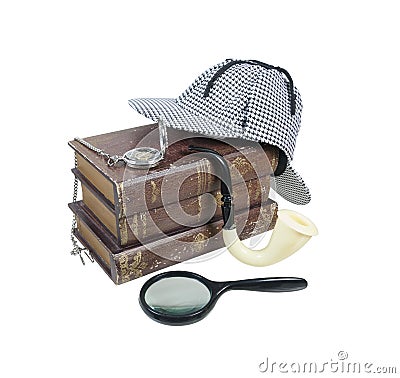 Mystery Books with Hat, Magnifier, Pipe and Pocket Watch Stock Photo