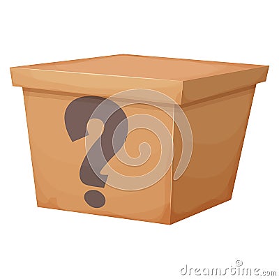 Mystery cardboard box with question, closed present in cartoon style isolated on white background. Funny lucky package Vector Illustration