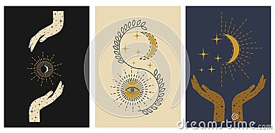 Mystery cards set. Hand drawn mystical design templates Vector Illustration