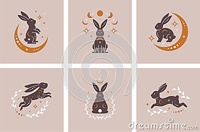Mystery celestial black rabbits set. Trendy mystical design templates with bunnies or hares, stars, moon, leaves. Mysterious Vector Illustration
