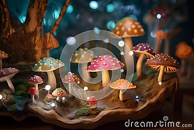 Mystery glowing mushrooms in the magical forest. Fairytale background. Generated AI Stock Photo