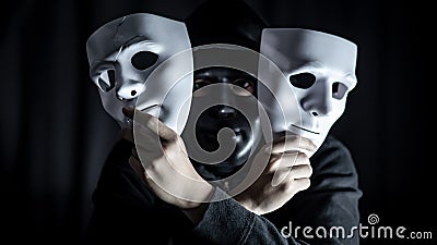 Mystery man in black mask holding white masks Stock Photo