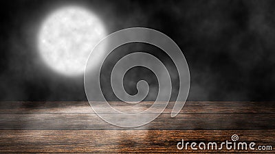 Mystery moon with smoke on wooden tabletop. Mystical night background for design and copyspace Stock Photo