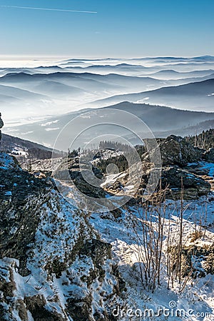 Mystery mountains in the winter from rocks Stock Photo
