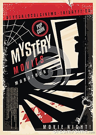 Mystery movies cinema poster design with strange silhouette looking through the basement door Vector Illustration