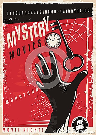 Mystery movies marathon retro cinema poster design Vector Illustration