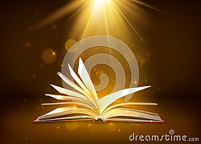 Mystery open book with shining pages in brown colors. Fantasy book with magic light sparkles and stars. Vector illustration Vector Illustration