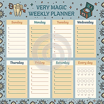 Mystery Pirate Boy Weekly Task Planner. School Schedule on Week for Class, Lesson, Plan and Section. Ready to print with Vector Illustration